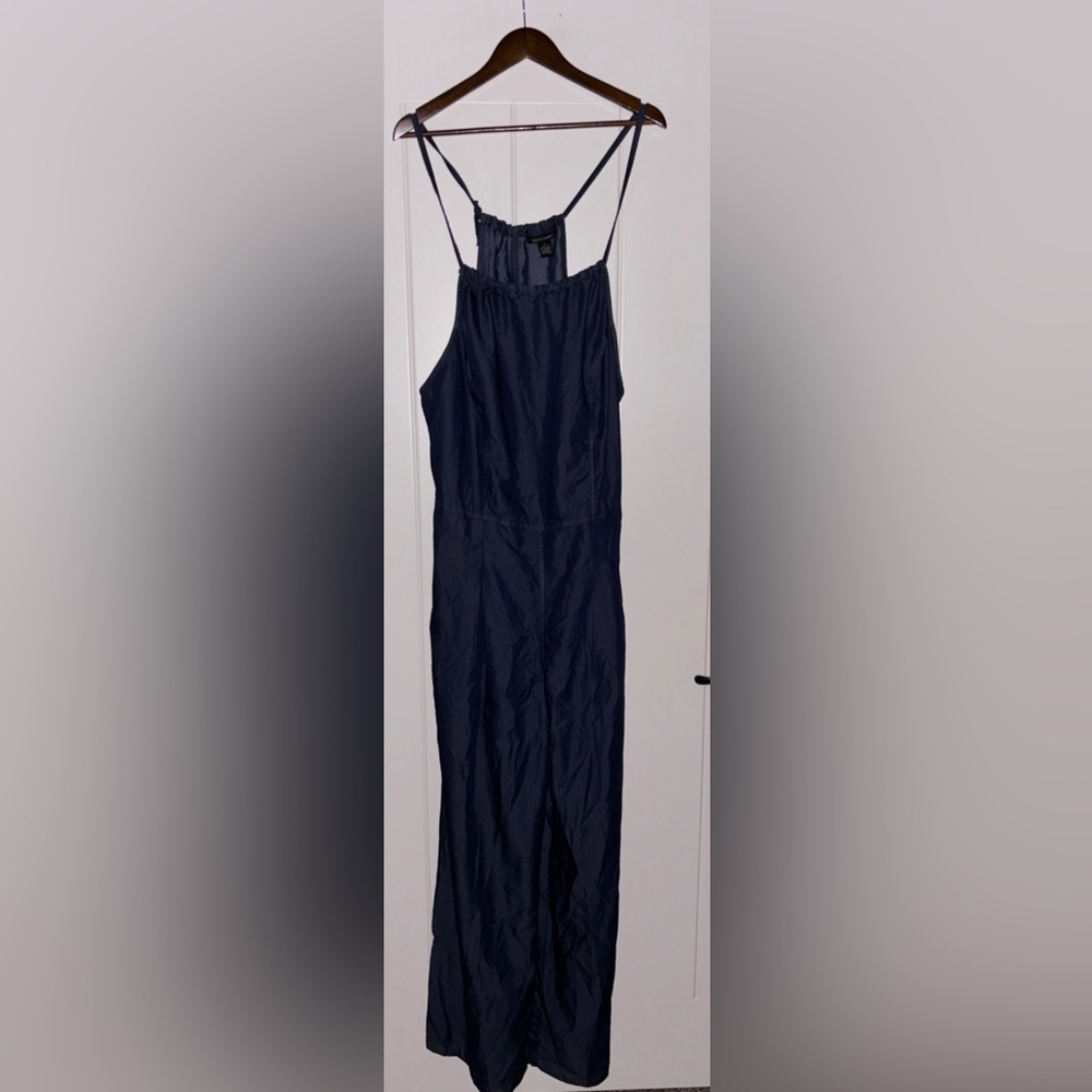 Ashley Stewart Chambray Denim Jumpsuit Plus Women 18 Dark Wash Flared Wide Leg